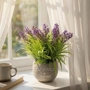 May include: A potted lavender plant with vibrant purple flowers and green foliage sits on a windowsill. The gray pot is inscribed with "FLOWERS & GARDEN." A ceramic mug and a book are also on the windowsill, with sheer white curtains in the background.