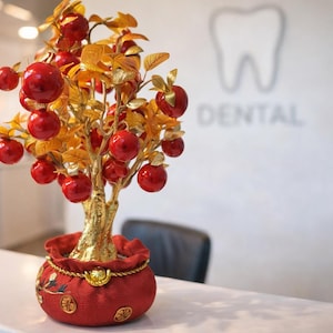 Artificial Fortune Apple Tree with Golden Leaves - Red Fruit Bonsai for Wealth and Good Luck - Lunar New Year Centerpiece