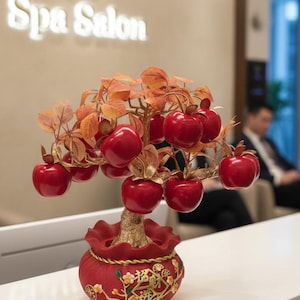 Red Apple Money Tree in Lucky Money Bag Pot - "Ping An" Safety & Wealth Artificial Plant - Lunar New Year Gift - Red Fortune Bonsai Decor