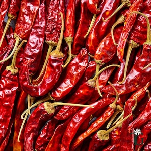 May include: A close-up shot of a pile of dried red chili peppers. The peppers are a vibrant red color with wrinkled skin and brown stems. The image is well-lit, highlighting the texture and shape of the peppers.