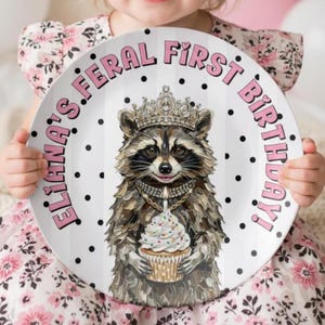 Feral First Birthday Plate, Pink Woodland Animal Personalized Name Plate for Girls, Custom Raccoon Wild One Birthday Smash Cake Plate