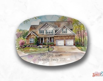 Love Lives Here Custom naambordje, housewarming gepersonaliseerd cadeau, Moederdagcadeau, aquarel huis portret bord voor Oir First Home