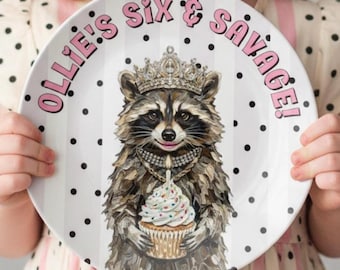 Six and Savage Birthday Plate, Girl's Pink Woodland Animal Personalized Name Plate, Custom Raccoon Wild Woodland Birthday Plate