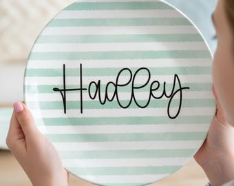 Personalized Watercolor Stripe Dinner Plate, Green Custom Name Kids Gift for Girls, Green Name Plate for Boys, Birthday Gift for Her