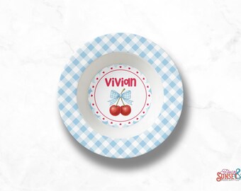 Ciotola con ciliegie, decorazione personalizzata con nome e bacche, ciotola rossa a pois da 25 cm per bambine, regalo per il primo compleanno.