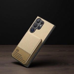 May include: A tan and brown phone case with a textured fabric design. The case has a rectangular shape with a camera cutout and a cardholder. The text "Premium PU leather" is printed on the case.