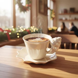 May include: A white ceramic teacup and saucer set with a seashell-shaped handle. The cup is filled with coffee, topped with latte art. Steam rises from the cup, suggesting the beverage is hot. The set sits on a wooden table.