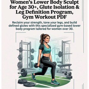 以下が含まれることがあります： 「Lean & Lift 4-Day Gym Guide」というタイトルのフィットネスガイドのイラスト。女性がダンベルを使って運動しています。ガイドは、下半身の彫刻、臀部の分離、脚の定義を約束します。ウェブサイトのアドレスも表示されています。