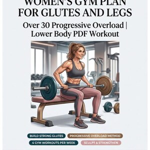 Pode incluir: Gráfico de fitness com o texto "WOMEN'S GYM PLAN FOR GLUTES AND LEGS" e "Over 30 Progressive Overload | Lower Body PDF Workout." Apresenta uma ilustração de uma mulher levantando pesos. O texto adicional inclui "BUILD STRONG GLUTES" e "SCULPT & STRENGTHEN."