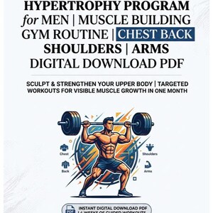 Puede incluir: Plan de entrenamiento en PDF digital para la construcción de músculo en la parte superior del cuerpo. El gráfico muestra a una persona musculosa levantando pesas, con texto que indica un programa de 4 semanas dirigido a pecho, espalda, hombros y brazos. Incluye el texto "TODAYSWORKOUTPLAN.COM".