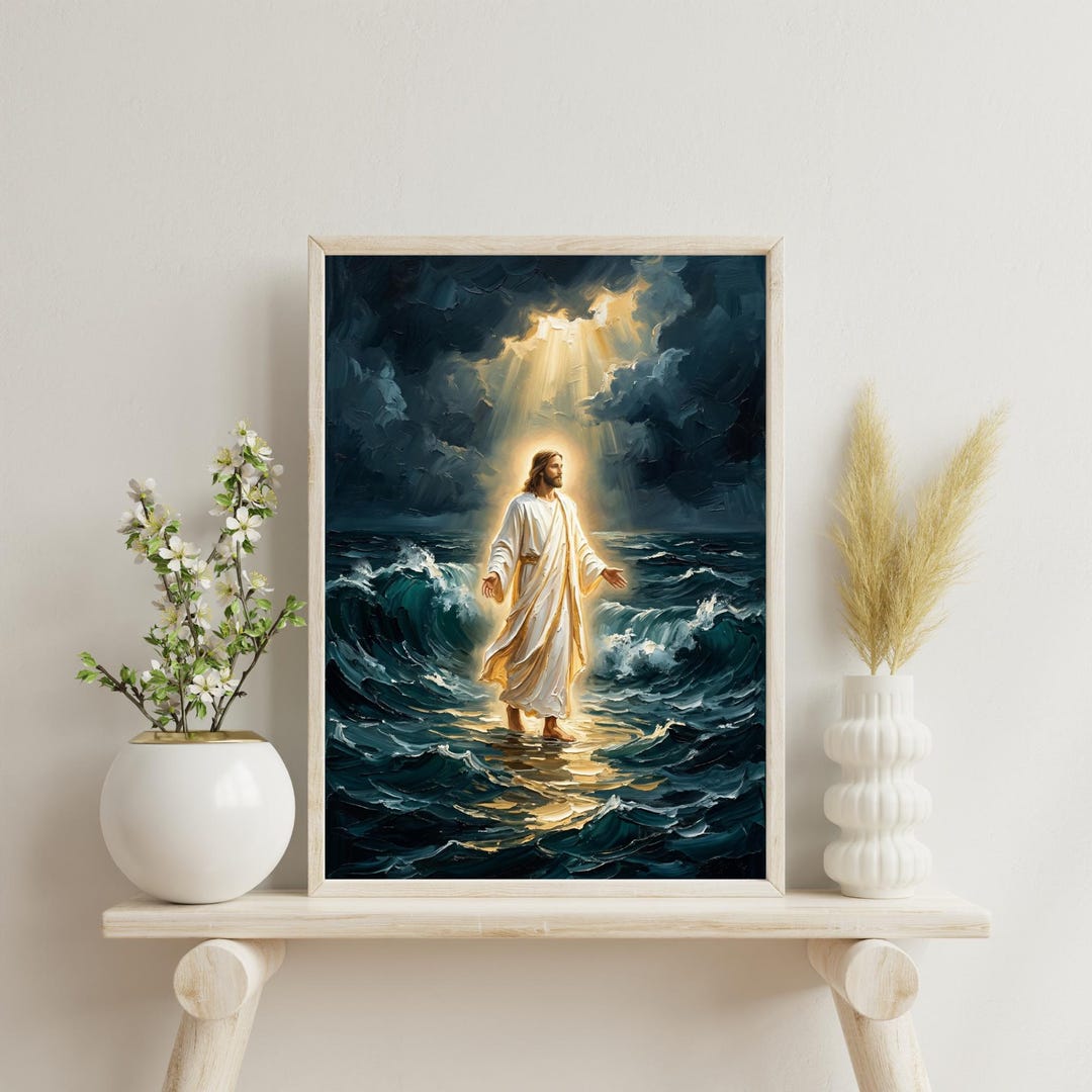 Jesus Walking on Water Oil Painting, Christian Storm Wall Art (digital ...