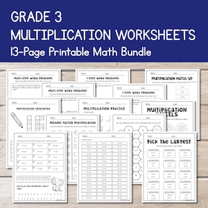 Może przedstawiać: Zestaw 13-stronicowych, drukowanych arkuszy mnożenia dla klasy 3. Arkusze zawierają zadania tekstowe wieloetapowe, ćwiczenia mnożenia i krzyżówki. Idealny do użytku edukacyjnego, zestaw zawiera różne ćwiczenia.
