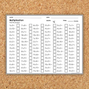 Hoja de trabajo de multiplicación del 1 al 12 / Práctica de matemáticas cronometrada / Hoja imprimible de tablas de multiplicar / Matemáticas de 2.º a 4.º grado
