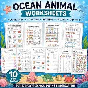 May include: A set of 10 ocean animal educational worksheets featuring vocabulary, counting, patterns, tracing, and scissor skills exercises. The pages include illustrations of sea creatures like starfish, crabs, turtles, and dolphins on a blue background.