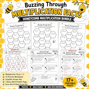Puede incluir: Una colección de hojas de trabajo educativas de multiplicación tituladas Buzzing Through Multiplication Facts. Las páginas presentan cuadrículas en forma de panal con problemas matemáticos, ilustraciones de abejas y claves de respuestas. Incluye 12 hojas.