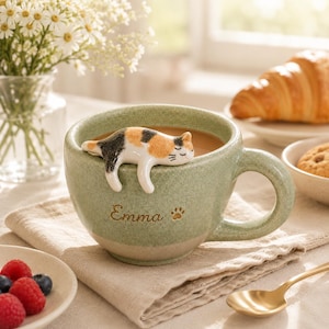 Puede incluir: Una taza de cerámica verde salvia con una figura de gato calicó descansando en el borde. La taza tiene una textura moteada y el nombre Emma impreso en letras doradas junto a una pequeña huella de pata dorada. La taza contiene un líquido marrón.