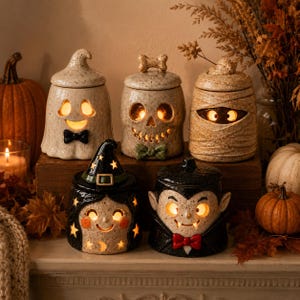 May include: Five ceramic Halloween-themed canisters with lids, illuminated from within. The set includes a ghost with a black bow tie, a skull with a bone handle, a wrapped mummy, a witch with a star-patterned hat, and a vampire with a red bow tie.