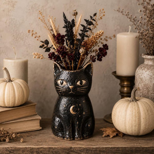 Schwarze Katze Keramikvase, handgemachte Katzenknospe Vase, Gothic Halloween Dekor, Mond-Stern-Blumen-Halter, Katzenliebhaber Geschenk
