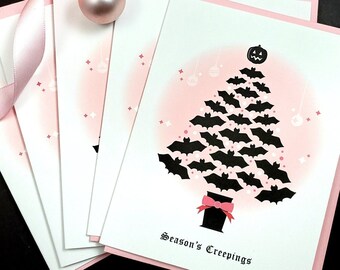 5 or 10 pack Season's Creepings Bat Christmas Tree Card