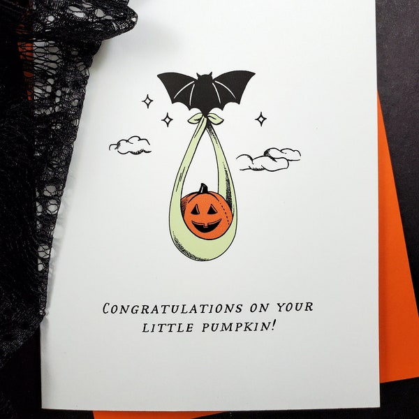 Bat Stork with Pumpkin Baby Spooky-Cute Baby Shower Card