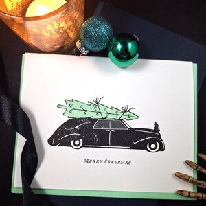 Merry Creepmas / Hearse and Christmas Tree Card green