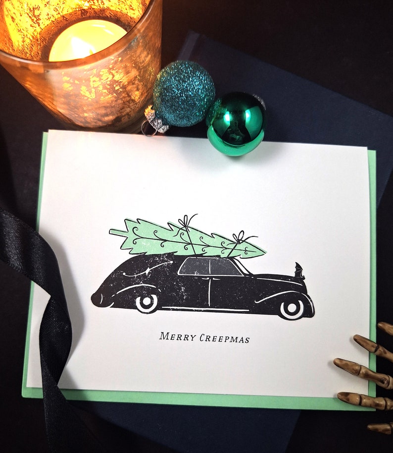 Merry Creepmas / Hearse and Christmas Tree Card green