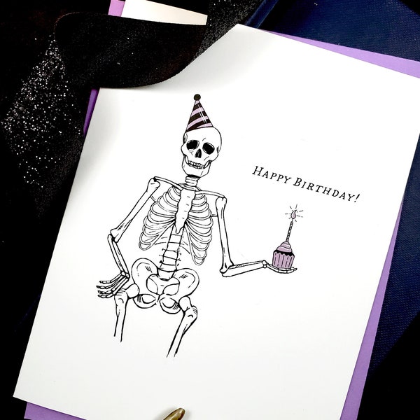 Skeleton With Cupcake Spooky Cute Birthday Card