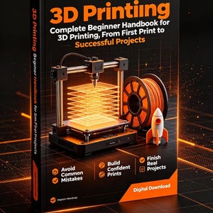Op de afbeelding: Een zwart boek met de titel 3D Printing: Complete Beginner Handbook for 3D Printing, From First Print to Successful Projects. De kaft toont een 3D-printer, een oranje filamentrol en een klein raketmodel met oranje en witte accenten.