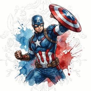 以下が含まれることがあります： キャプテン・アメリカのイラスト。ダイナミックなポーズでシールドを持っています。キャラクターは、星のエンブレムが付いた青、赤、白のコスチュームで描かれています。赤と青のペイントスプラッシュとフローラルアクセントのある水彩画スタイル。