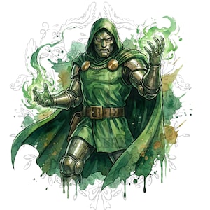 May include: Watercolor illustration of a character in a green hooded cloak and metallic armor. The character has a metal mask and is surrounded by green energy. The artwork has a comic book style with a white background and green and gold watercolor accents.