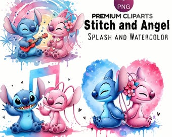 Könnte beinhalten: Digitales Clip-Art mit den Charakteren Stitch und Angel in verschiedenen Posen. Die Kunstwerke umfassen Aquarellspritzer und Noten. Der Text lautet "Premium Cliparts Stitch and Angel Splash and Watercolor".