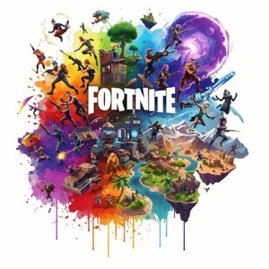 Puede incluir: Ilustración colorida con la palabra "FORTNITE" en blanco, rodeada de figuras de acción, edificios y paisajes. La obra de arte tiene un efecto de acuarela con un espectro de colores vibrantes, incluyendo rojo, naranja, amarillo, verde, azul y morado.