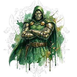 May include: Watercolor illustration of a character in a green hooded cloak and metallic armor, arms crossed. The character has a silver mask and is set against a backdrop of green watercolor splashes and floral outlines.