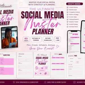 May include: A spiral-bound Social Media Master Planner with 80 pages, featuring a white cover with dark purple and pink text. The planner includes sections for content planning, monthly goals, competitor analysis, and platform strategy, displayed alongside digital tablet and smartphone mockups showing internal page layouts.