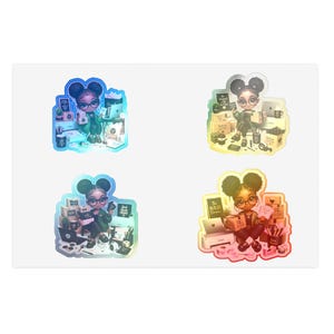 May include: A sticker sheet featuring four distinct holographic illustrations of a character with dark hair in buns and glasses, surrounded by shipping supplies, cardboard boxes, printers, and laptops, with various text labels on the items.