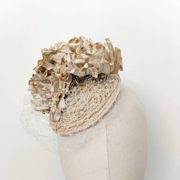 Cream flower fascinator with veiling & vintage pearl beads  ~ Bridal ~ Peony / Antique Rose