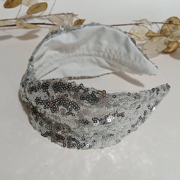 Turban style headband ~ Sparkly silver sequin wide hair band alice band  ~ upcycled sustainable ethical eco fashion