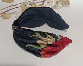 Turban style headband ~ Vintage 1930's black printed silk velvet with red flowers ~ upcycled sustainable ethical eco fashion