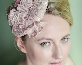 Pale blush pink lace hat with wired lace trim & pearl beads - Cocktail Hat - Percher - Mini Beret - Millinery