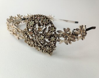 Side tiara hair band vintage fascinator - soft gold leaves intertwined heart motif with diamante  - Bridal alternative indie bridesmaid prom