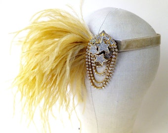 Flapper style forehead band with vintage gold ostrich feather plume & star diamante ~ 1920's headdress ~ Great Gatsby Peaky Blinders party