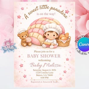 Könnte beinhalten: Eine Babyparty-Einladung im Aquarellstil mit einem Bäcker-Thema. Das Design zeigt einen Cartoon-Bäcker, einen Teddybären und ein Concha-Gebäck. Der Text enthält "A sweet little panadera is on the way!" und die Details der Party.