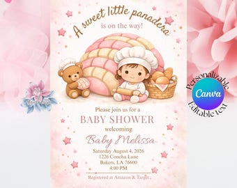 Invito per baby shower Pan Dulce per ragazze / Tema Little Panadera Bakery / Invito digitale modificabile Pink Concha