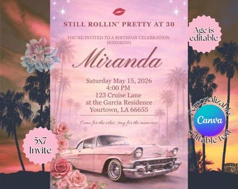 Invito per il 30° compleanno Lowrider / Invito di compleanno Chicana Soft Glam / Tema auto tramonto rosa / Modello Canva modificabile