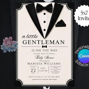 A Little Gentleman Baby Shower Invitation Template, Tuxedo Baby Shower Invite, Elegant Black & White Baby Boy Shower, Editable Template