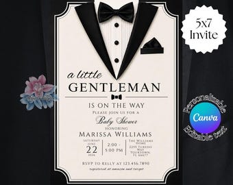 Invito per baby shower a tema "Piccolo gentiluomo", invito per baby shower a tema smoking, elegante baby shower in bianco e nero per maschietto, modello modificabile.