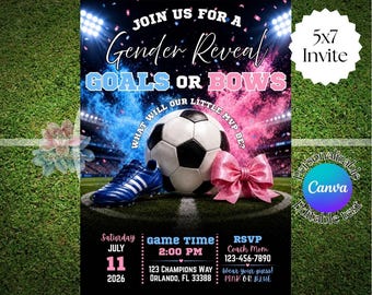 Invito per la festa di rivelazione del sesso a tema calcio, Invito per la festa di rivelazione del sesso "Goals or Bows", Rivelazione del sesso del piccolo MVP, Modello Canva modificabile