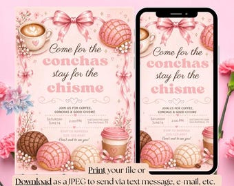 Invito per festa a tema "Conchas and Chisme", invito per festa a tema caffè e pan dulce, invito per brunch tra ragazze, festa a tema latino, modello Canva modificabile