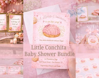 Pacchetto di inviti per baby shower Concha modificabili in Canva / Tema Pan Dulce / Cartello di benvenuto / Lotteria dei pannolini / Adesivi per bomboniere