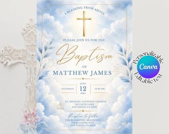 Invito di battesimo per bambino modificabile, blu e oro, modello di invito per battesimo per neonato, invito di battesimo con nuvole, invito religioso, modello Canva